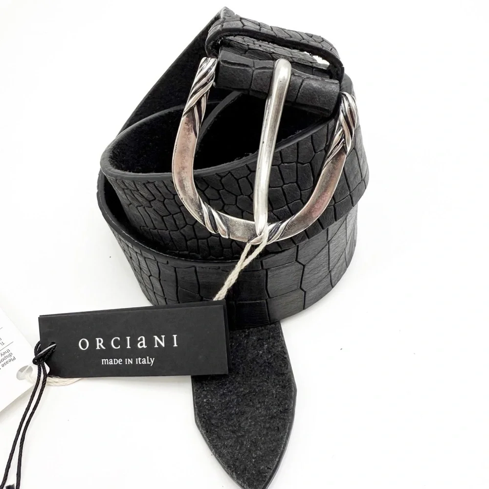 Orciani Handmade Crocodile Emobossed Matte Leather Italian Made Black Belt, XS